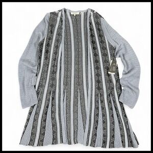 ZOZO NWT Linen Blend Striped Duster Cardigan Black Gray White Womens L Lagenlook